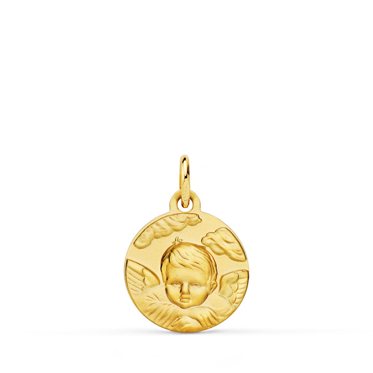 Medalla Angel Niño en la Nube Matizado. 14 mm de oro amarillo 18K