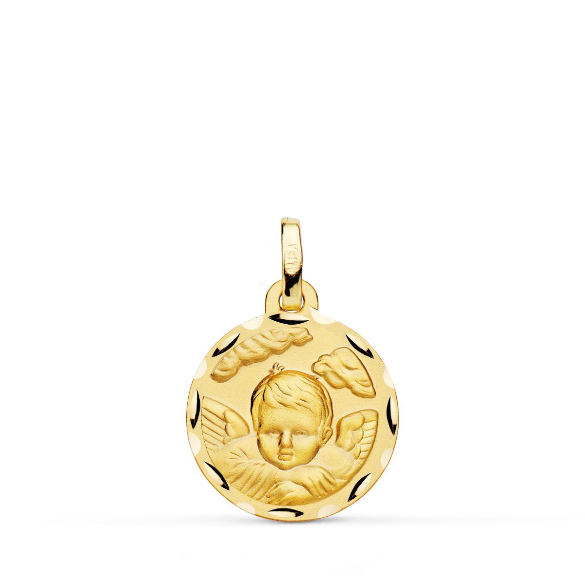 18K MEDALLA ORO AMARILLO ANGEL NIÑO EN LA NUBE TALLADO 16 MM
