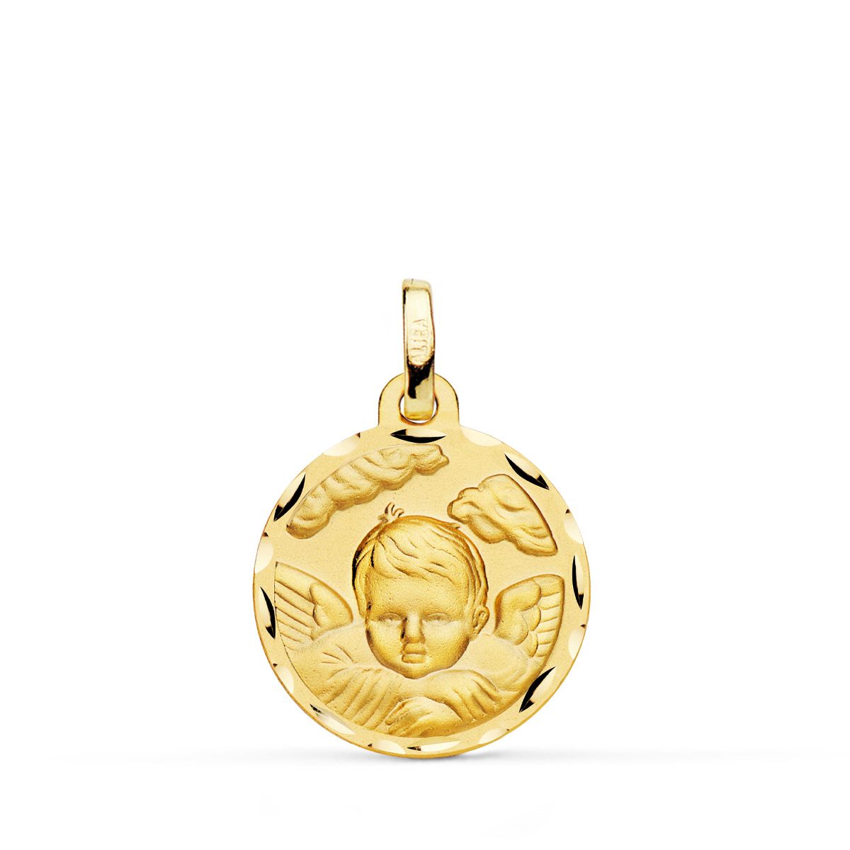 18K MEDALLA ORO AMARILLO ANGEL NIÑO EN LA NUBE TALLADO 18 MM