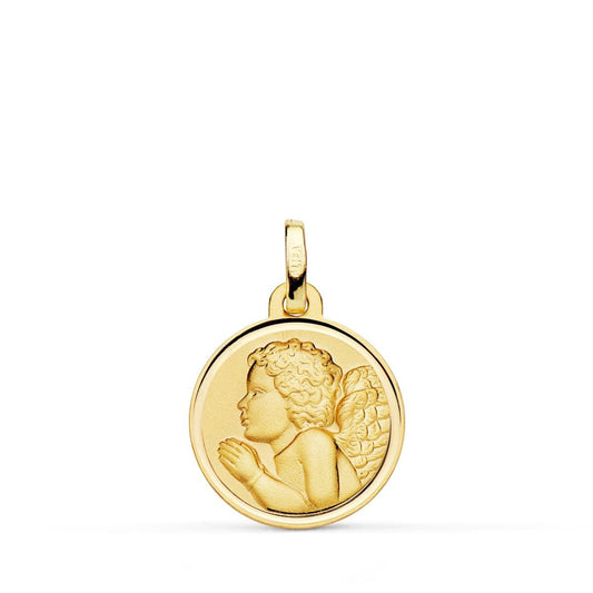 18K MEDALLA ORO AMARILLO ANGEL NIÑO PIADOSO REZANDO BISEL 16 MM
