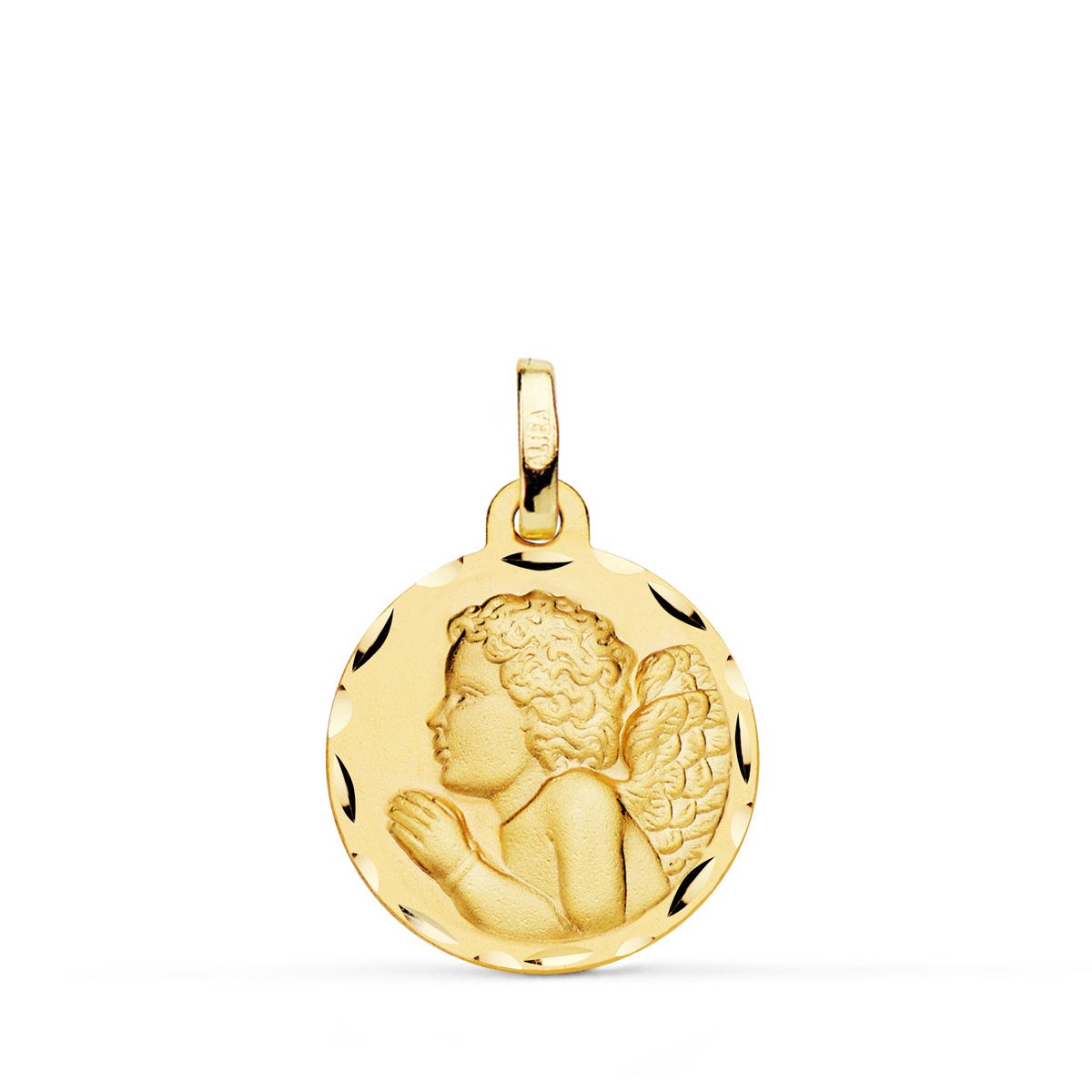 Medalla Angel Niño Piadoso Rezando Tallado 18 mm de oro amarillo 18K