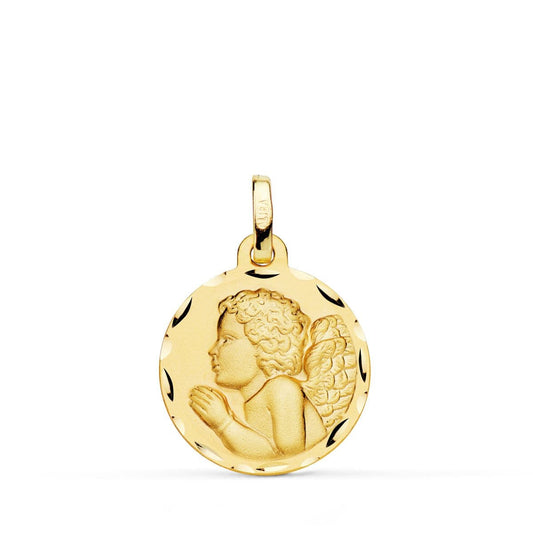 18K MEDALLA ORO AMARILLO ANGEL NIÑO PIADOSO REZANDO TALLADO 18 MM