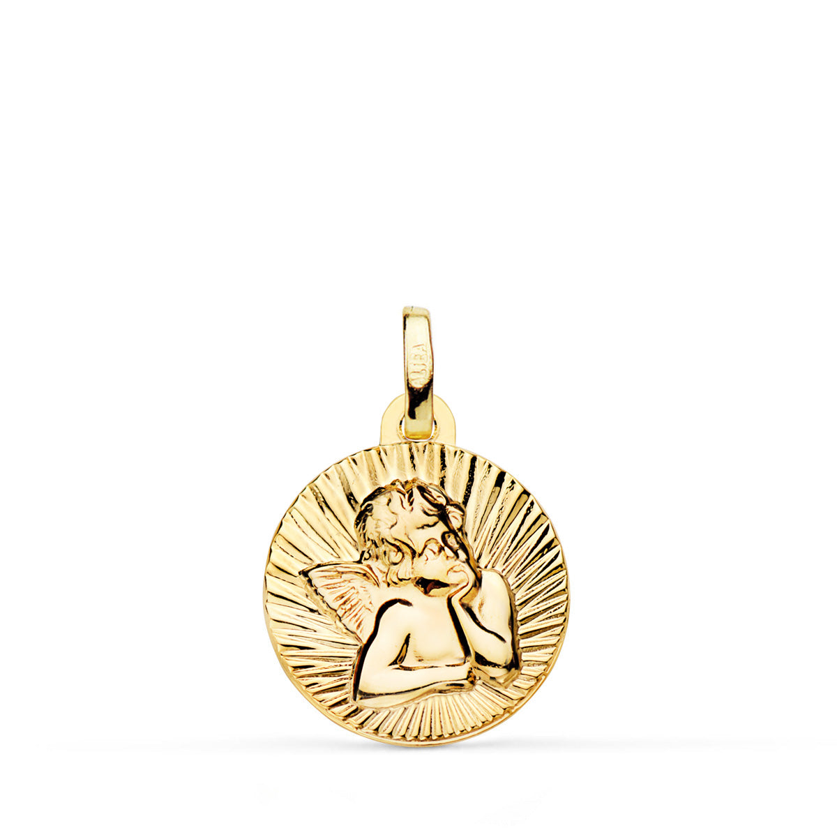 18K MEDALLA ORO AMARILLO ANGELITO BURLON ESTRIADO EN BRILLO 14 MM