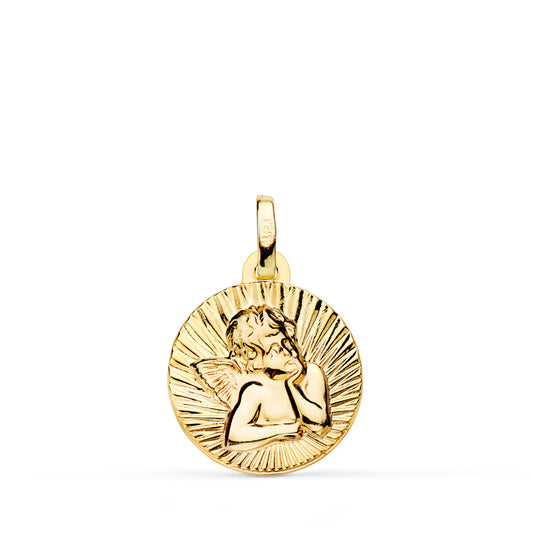 18K MEDALLA ORO AMARILLO ANGELITO BURLON ESTRIADO EN BRILLO 14 MM