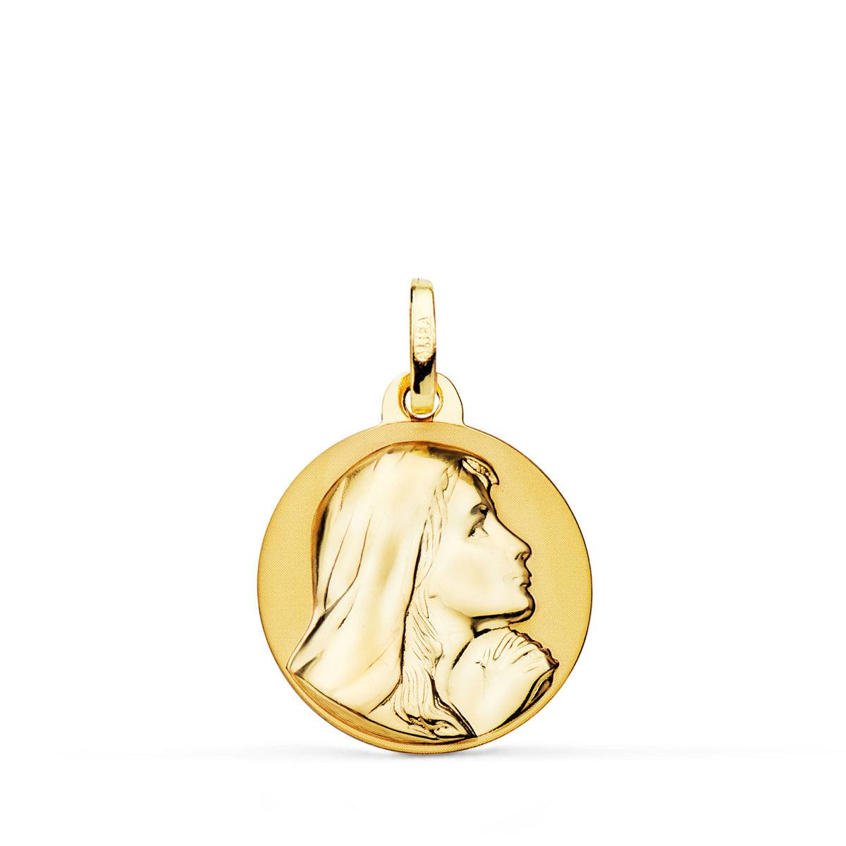 Medalla Virgen Maria Rezando Brillo y Mate 18 mm de oro amarillo 18K