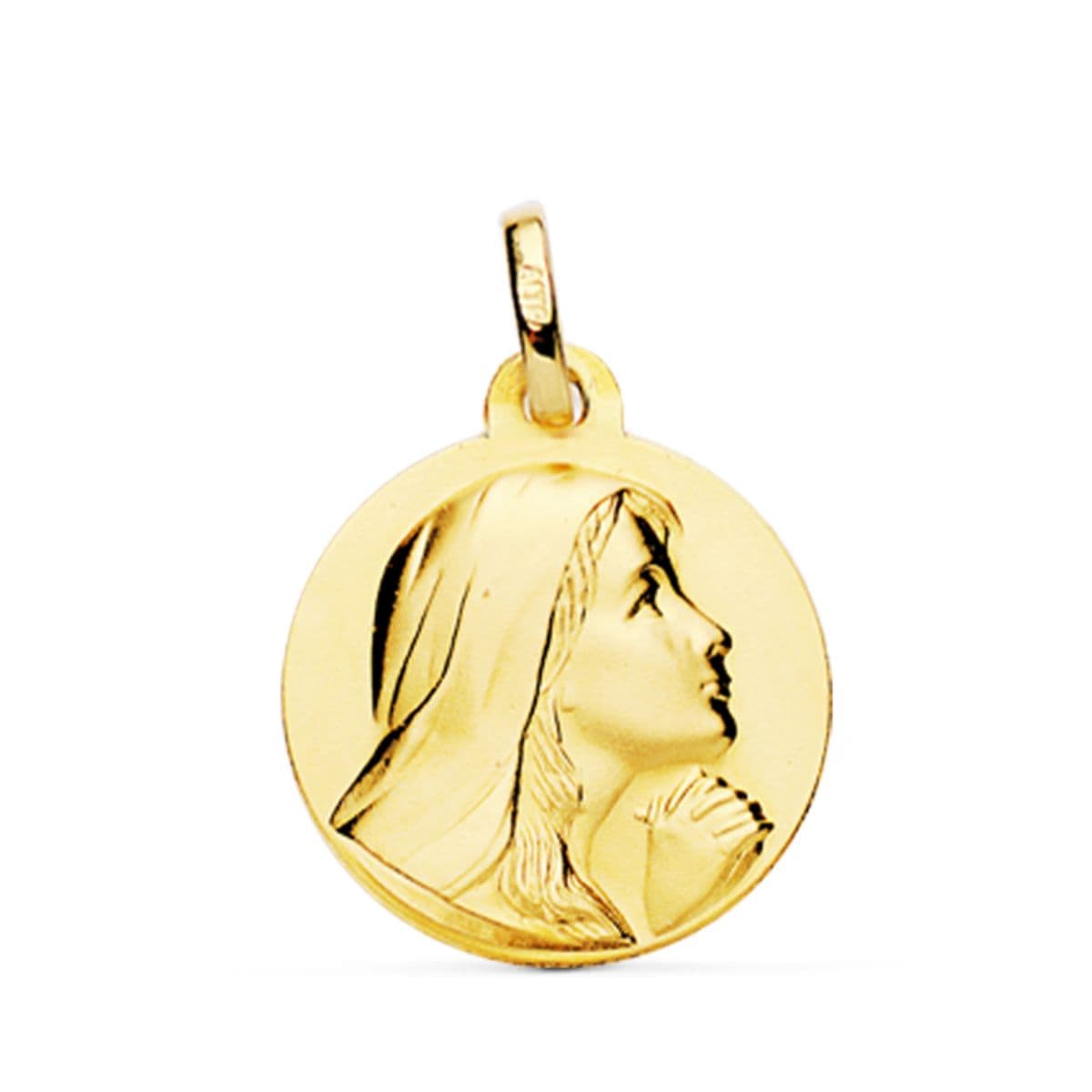 18K MEDALLA ORO AMARILLO VIRGEN MARIA REZANDO MATIZADA 18 MM
