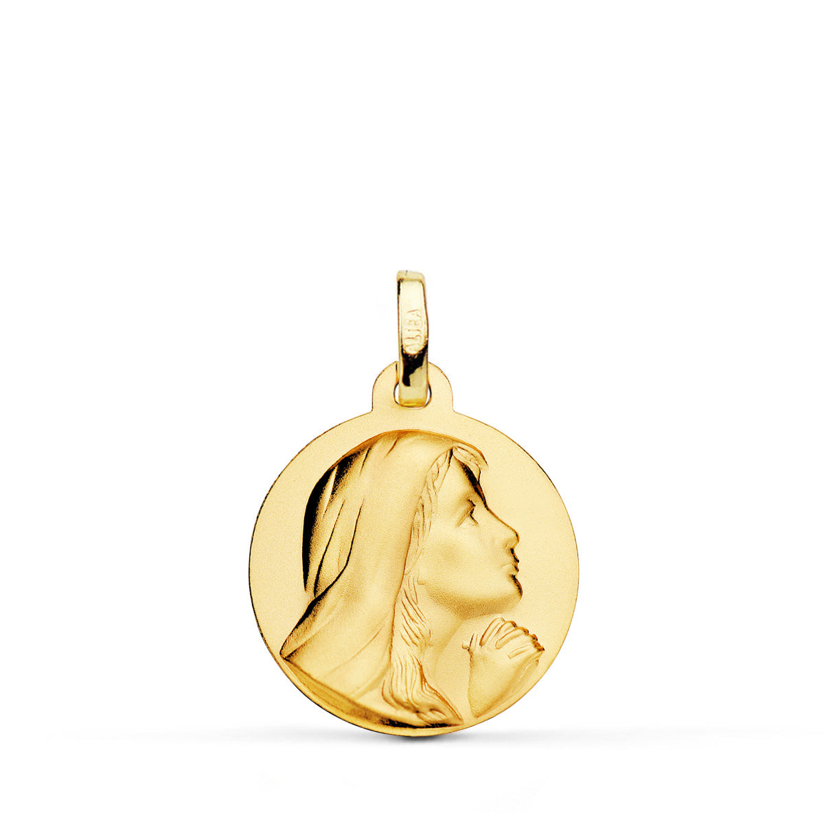 Medalla Virgen Maria Rezando Matizada 18 mm de oro amarillo 18K