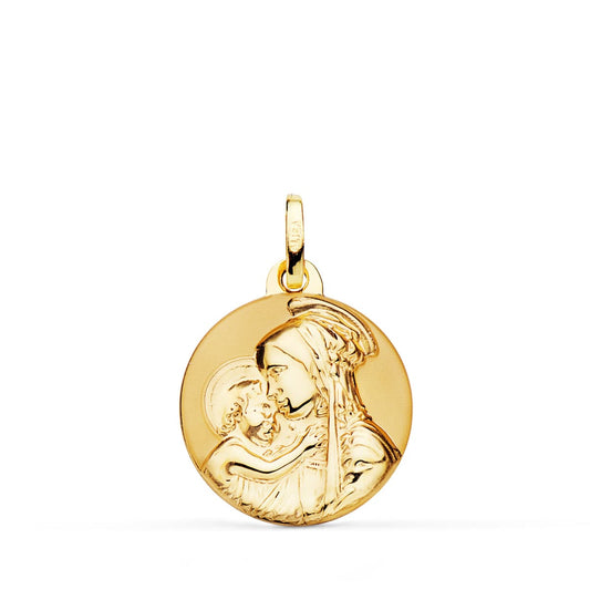 18K MEDALLA ORO AMARILLO MADRE DIVINA TERNURA BRILLO Y MATE 18 MM