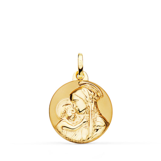 Medalla Madre Divina Ternura Brillo y Mate 18 mm de oro amarillo 18K