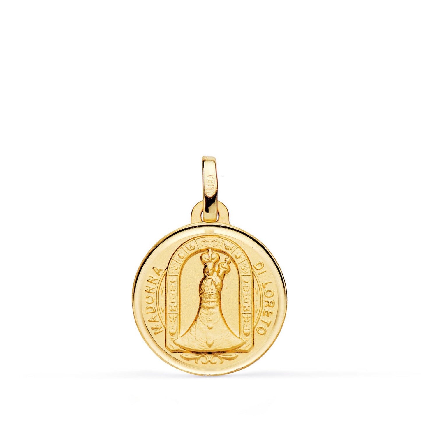 18K MEDALLA ORO AMARILLO VIRGEN DE LORETO CON BISEL Y MATIZADA. MEDIDA: 16 MM