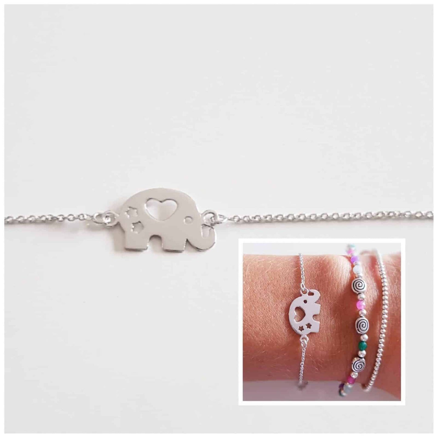 Pulsera elefante de la suerte de plata de ley