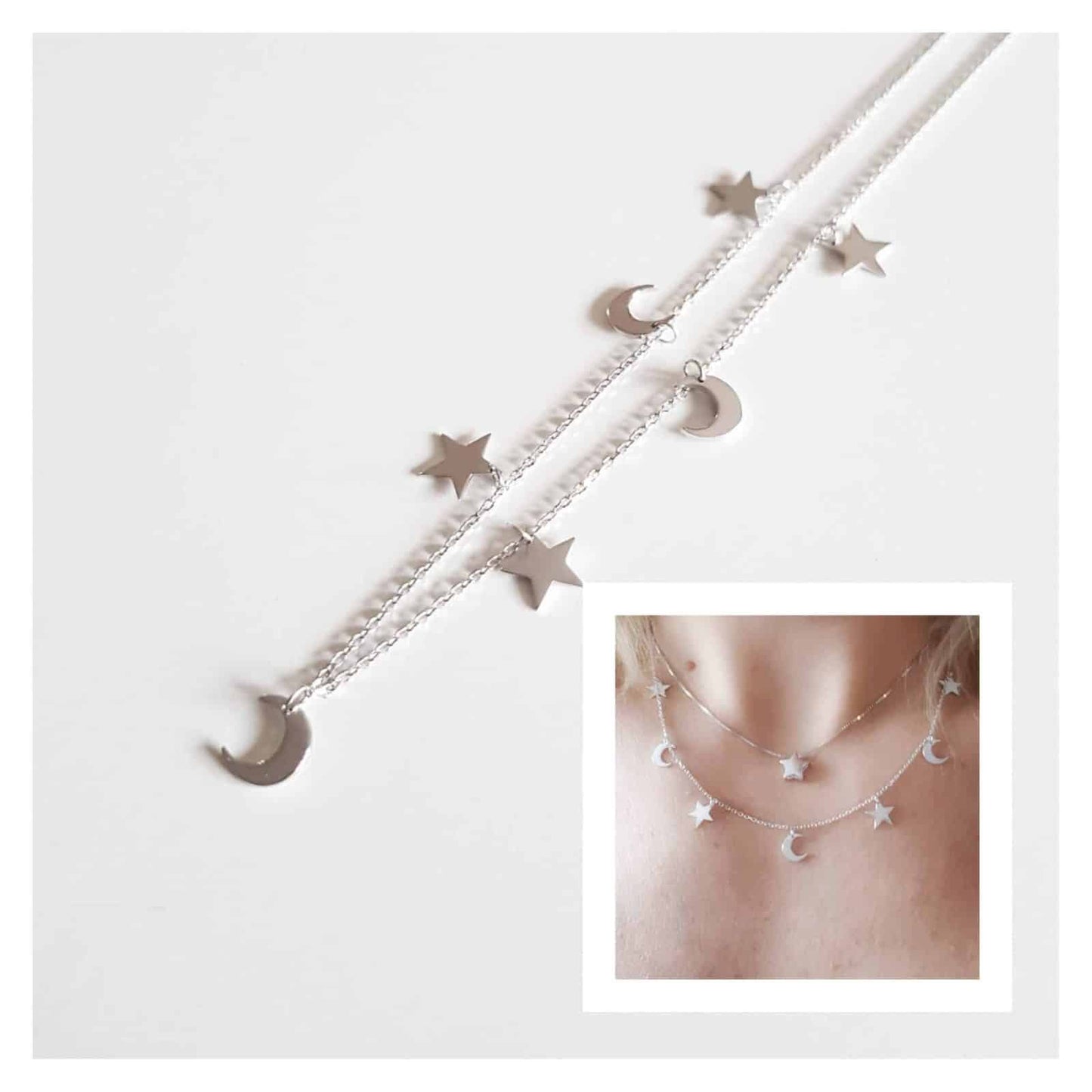 Collar estrellas y lunas de plata de ley