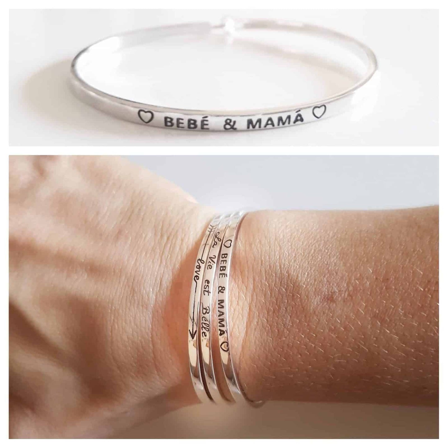 Pulsera rígida bebé y mamá 55mm de plata de ley
