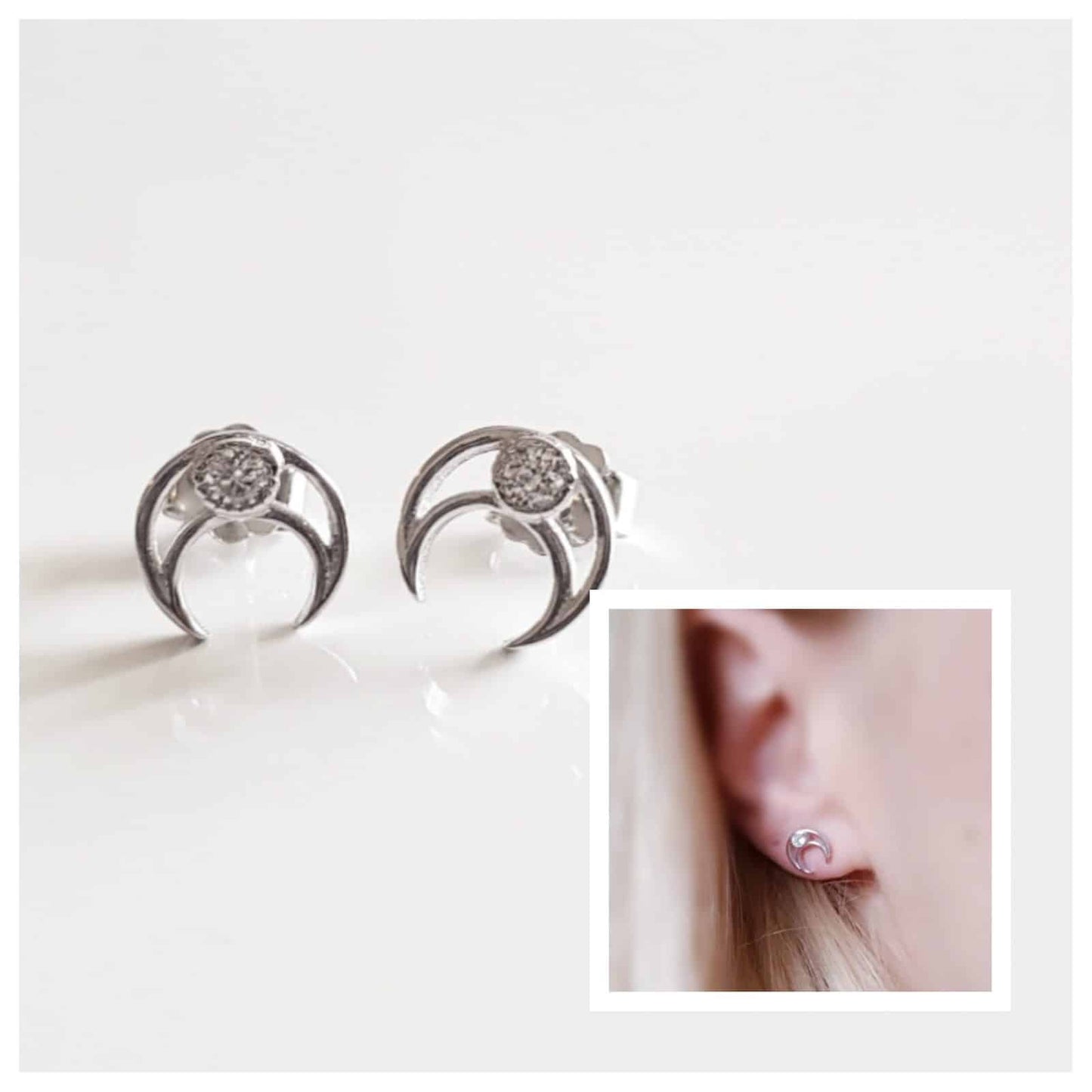 Pendientes luna creciente blanca de plata de ley