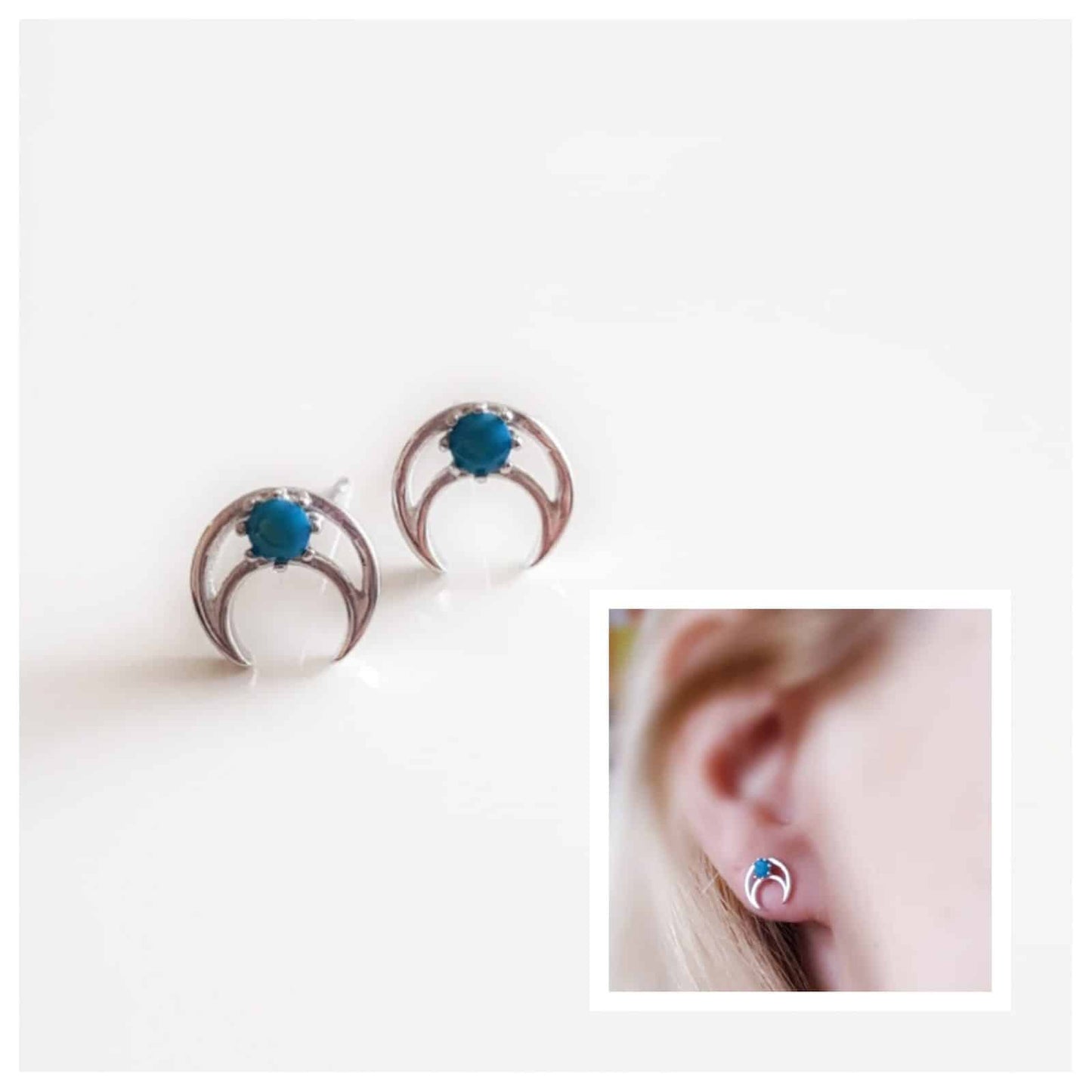 Pendientes luna creciente azul de plata de ley