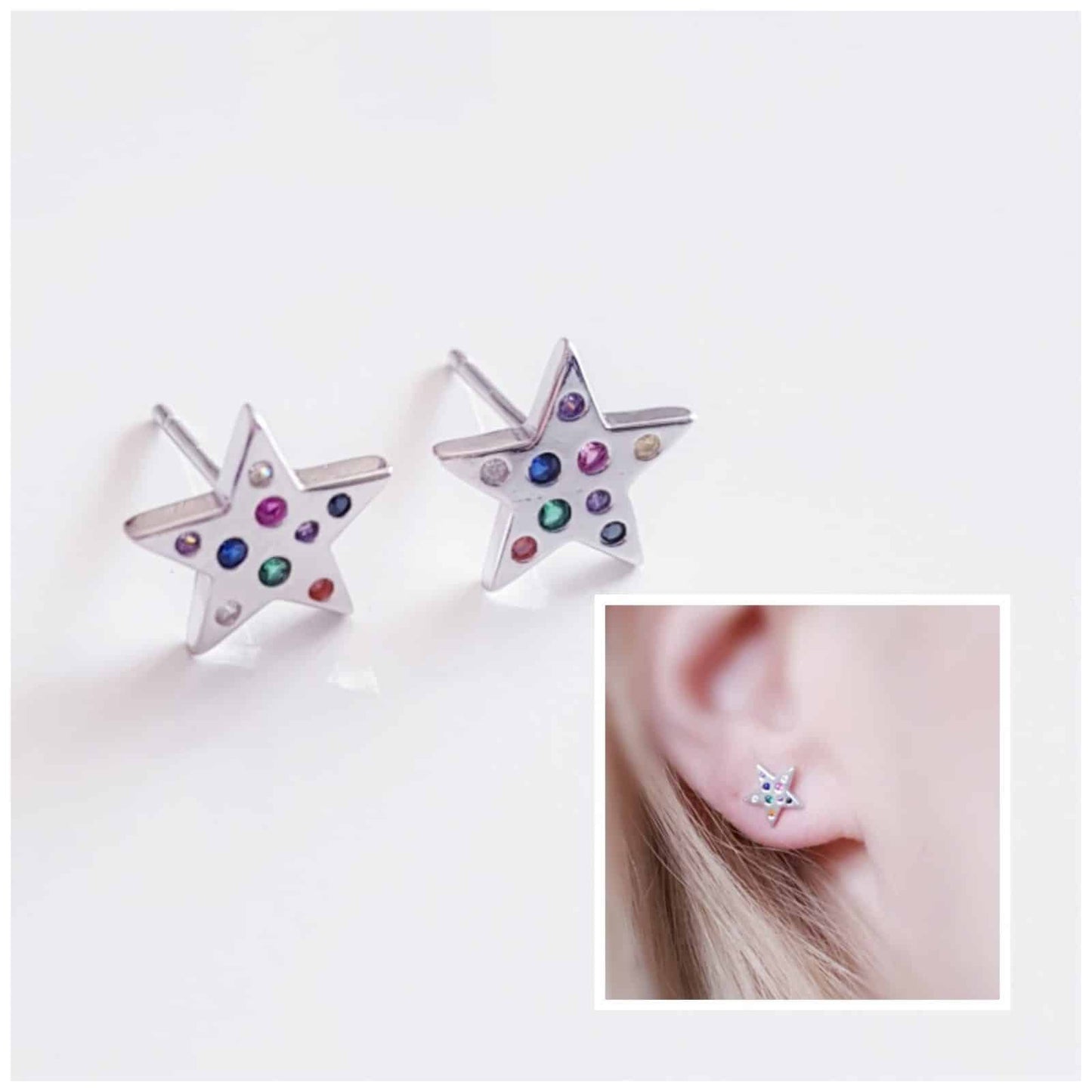 Pendientes estrellas multicolor de plata de ley