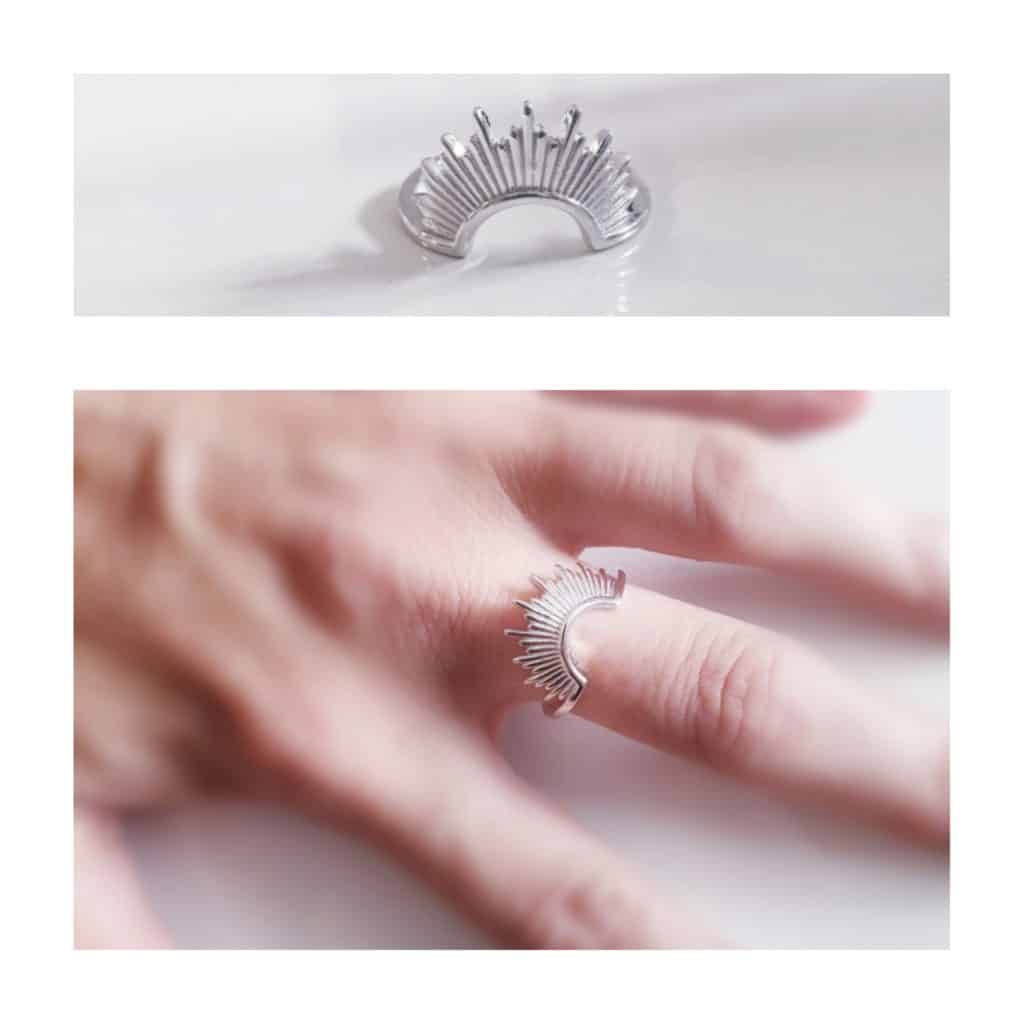 Anillo sol naciente de plata de ley