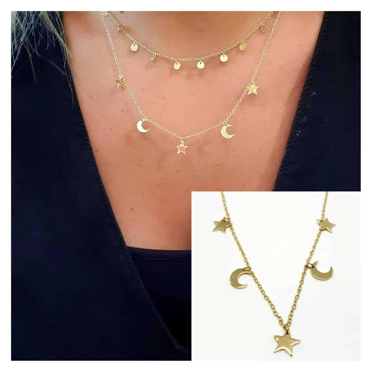 Collar lunas y estrellas de plata de ley con baño de oro de 14 quilates - vista adicional