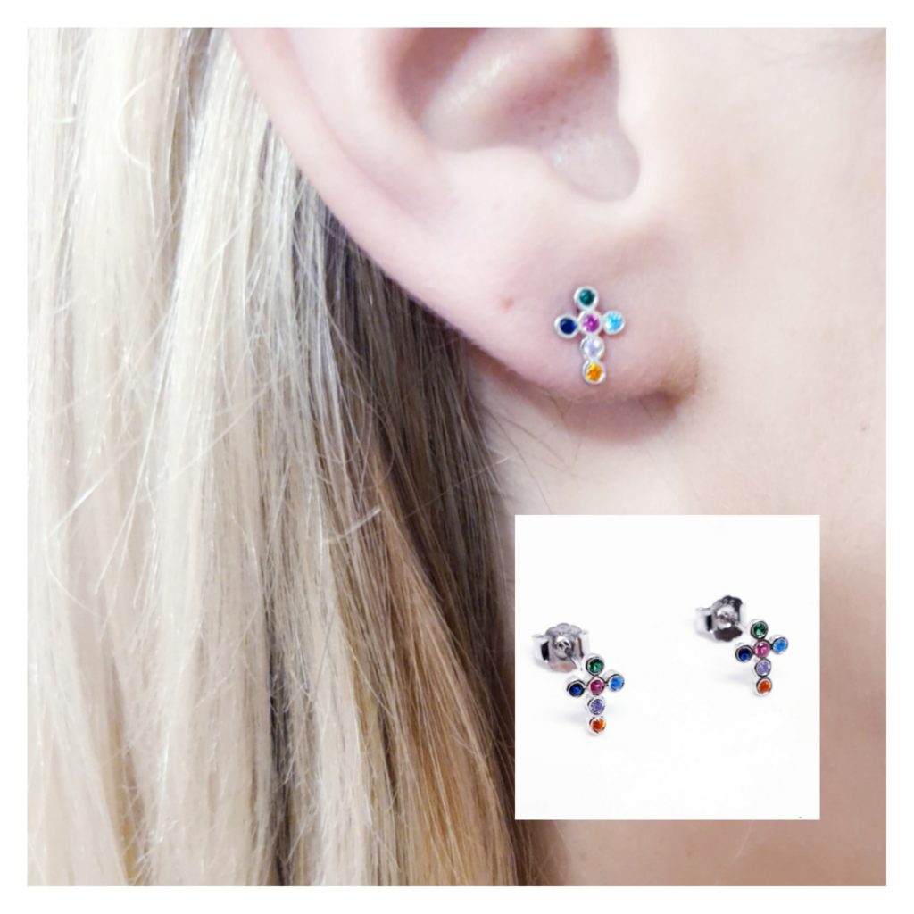 Pendiente cruz multicolor s de plata de ley
