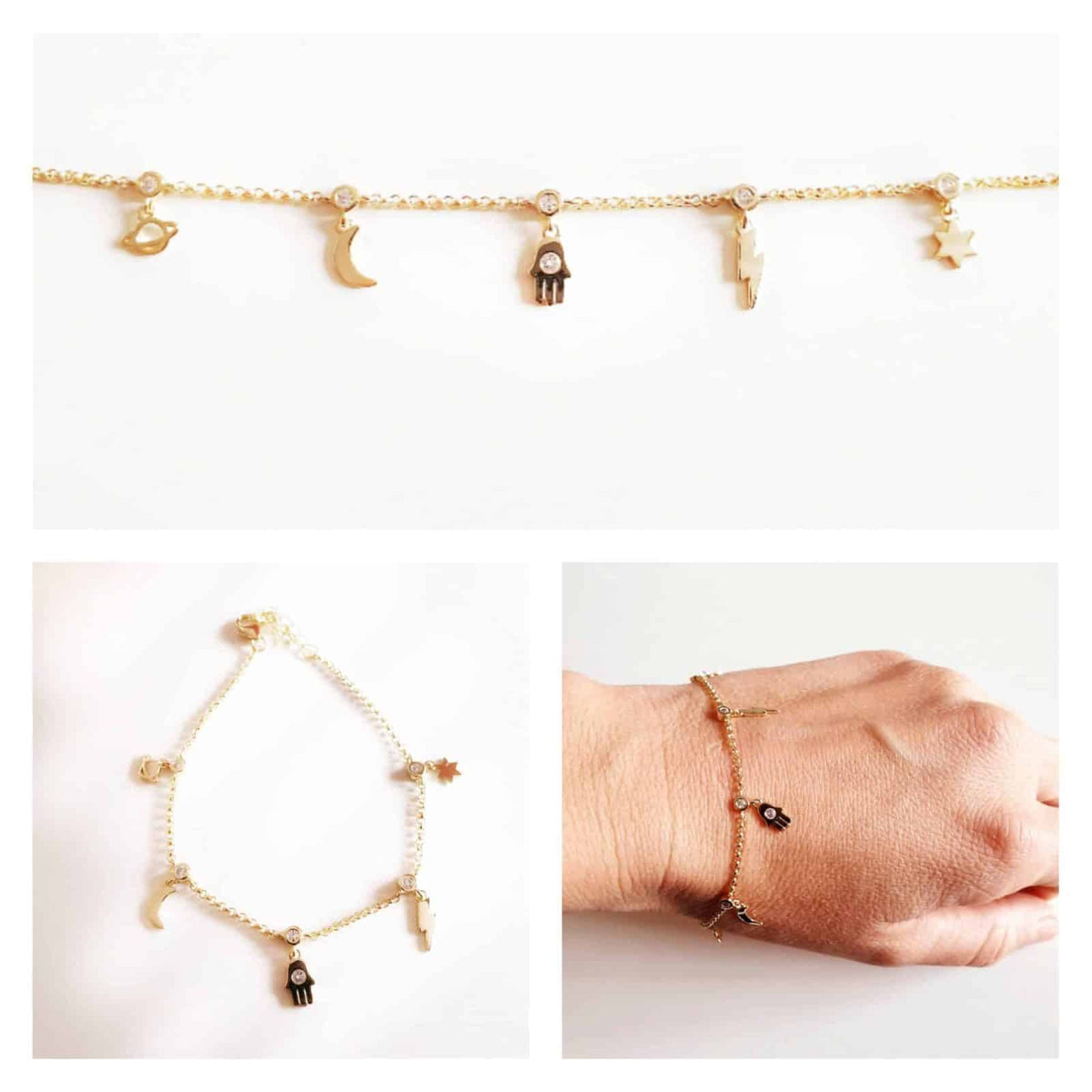Pulsera oro mano, rayo, planeta, luna y estrella de plata de ley con baño de oro de 14 quilates - vista adicional