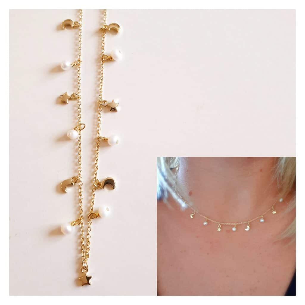 Collar perlas con estrellas y lunas de plata de ley