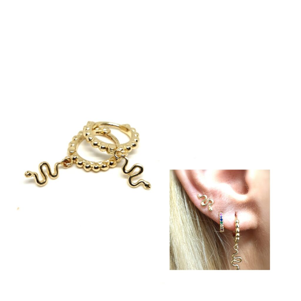 Pendientes aros bolitas oro serpiente de plata de ley