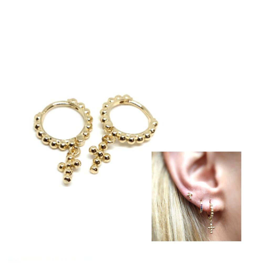 Pendientes aro bolitas oro cruz de plata de ley