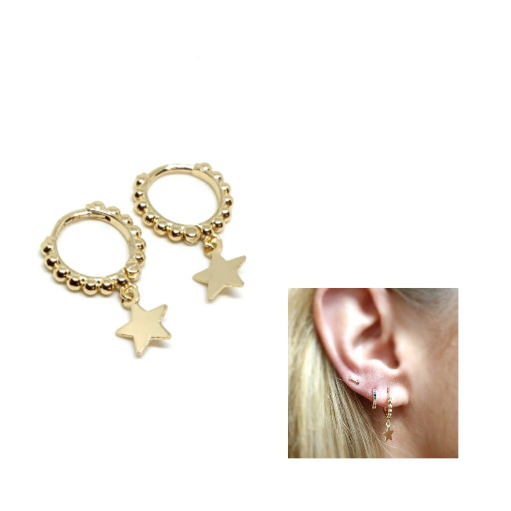 Pendientes aros bolitas oro estrella de plata de ley