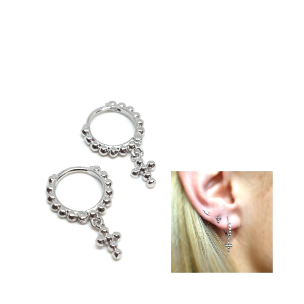 Pendientes aro bolitas cruz de plata de ley