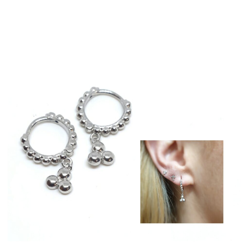 Pendientes aro triple bolita de plata de ley