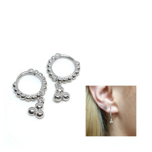 Pendientes aro triple bolita de plata de ley - Joyería Zafir
