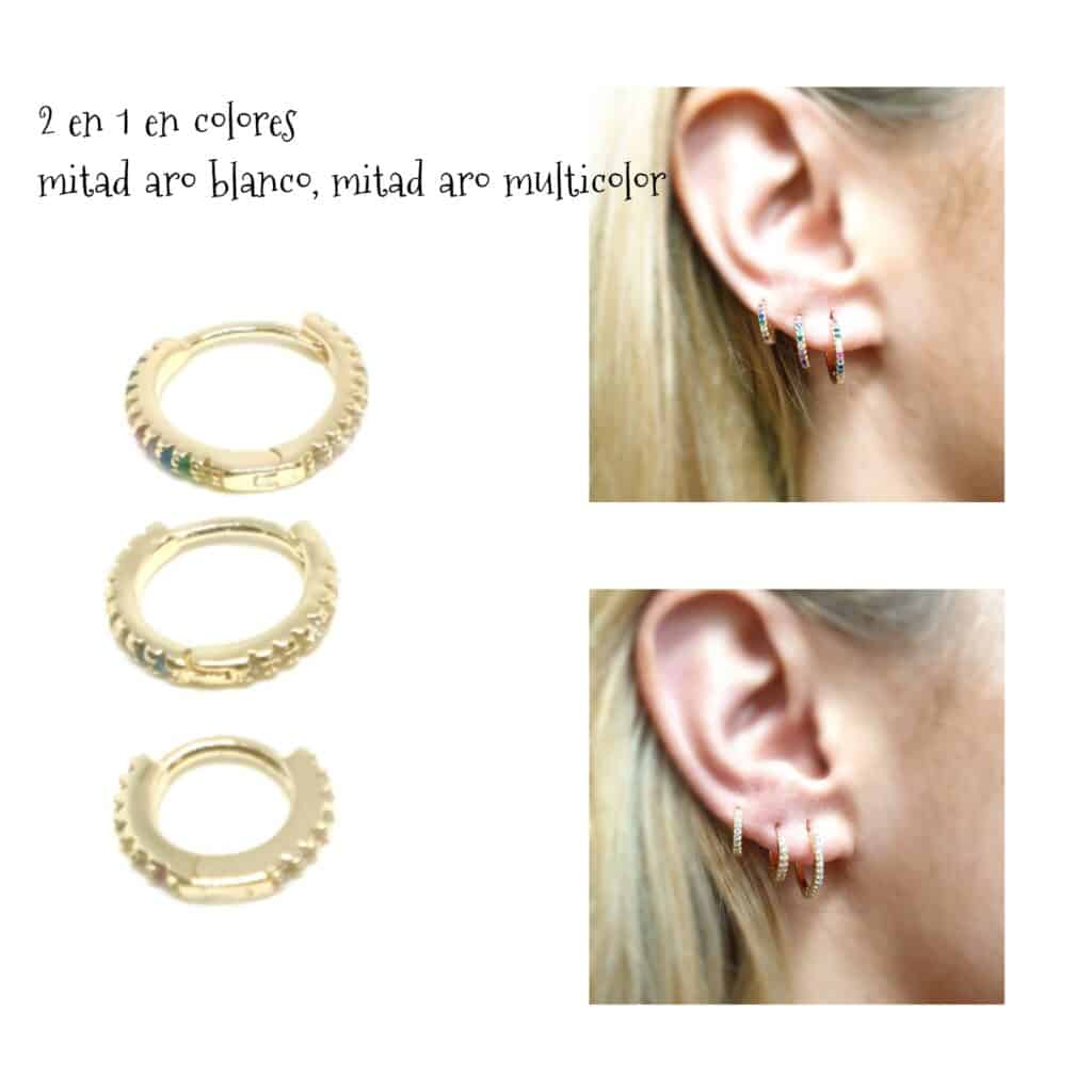 Pendiente aro reversible blanco o multicolor dorado 10 mm de plata de ley