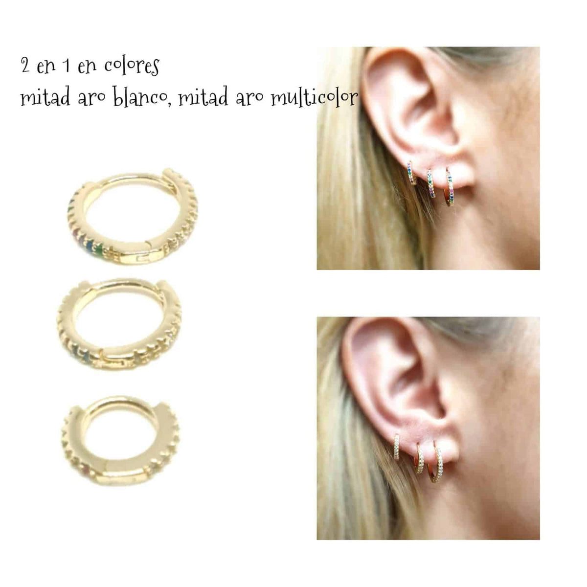 Pendiente aro reversible blanco o multicolor dorado 8 mm de plata de ley con baño de oro de 14 quilates - vista adicional
