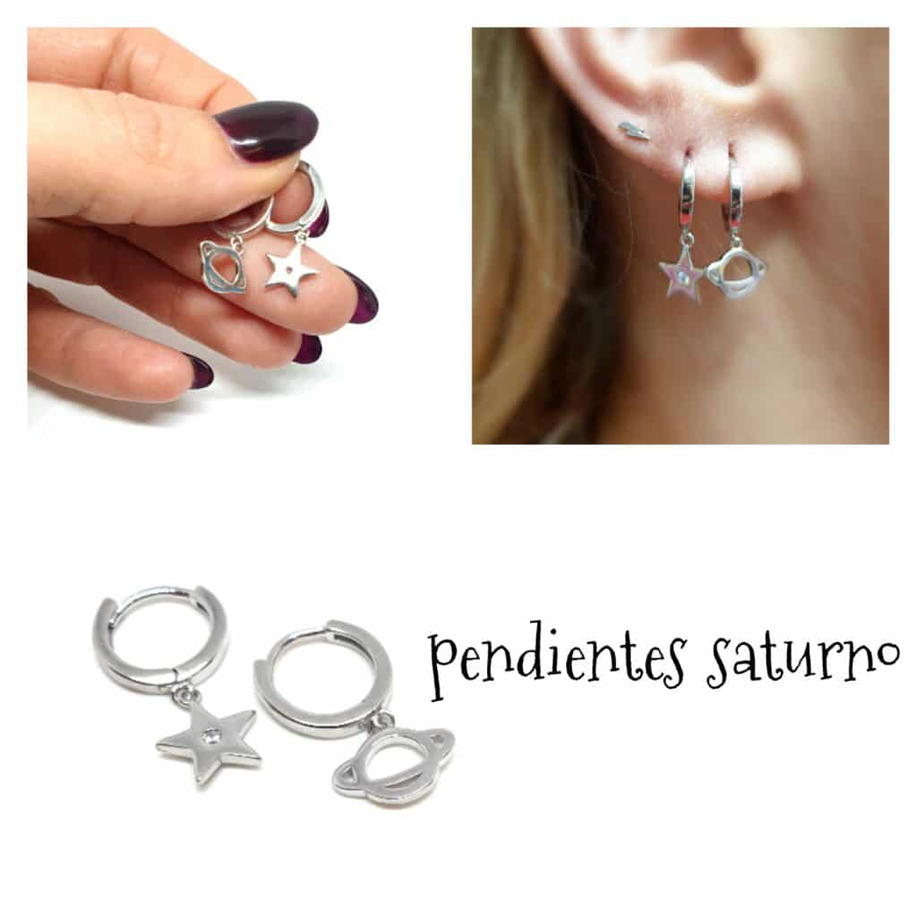 Pendientes aros saturno de plata de ley