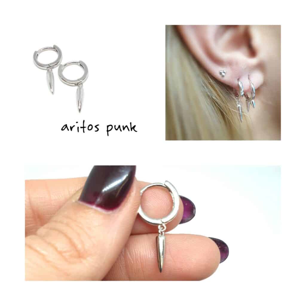 Pendiente arito punk de plata de ley