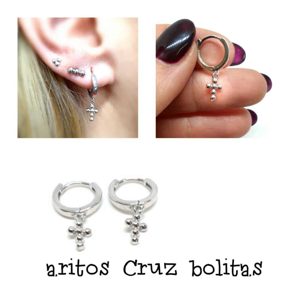 Pendiente aro cruz bolitas de plata de ley