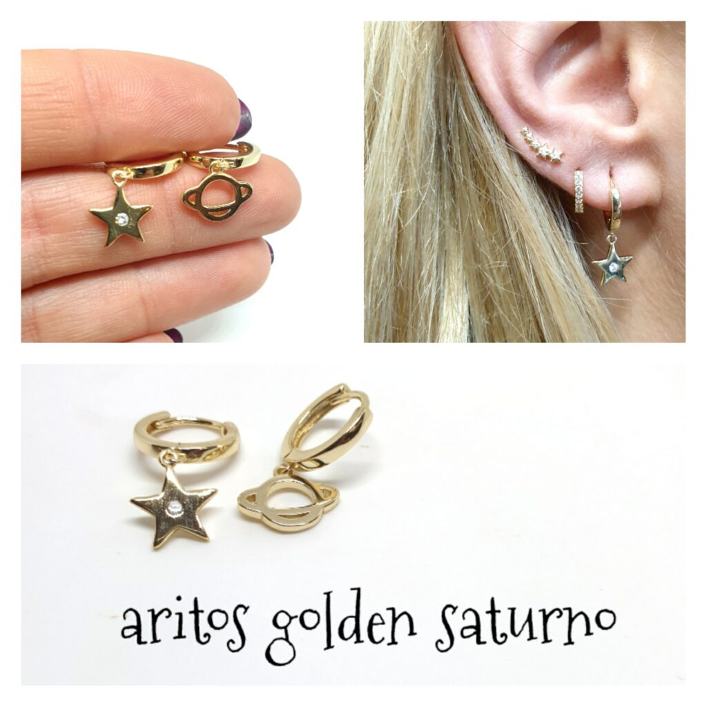 Pendientes aros golden saturno de plata de ley
