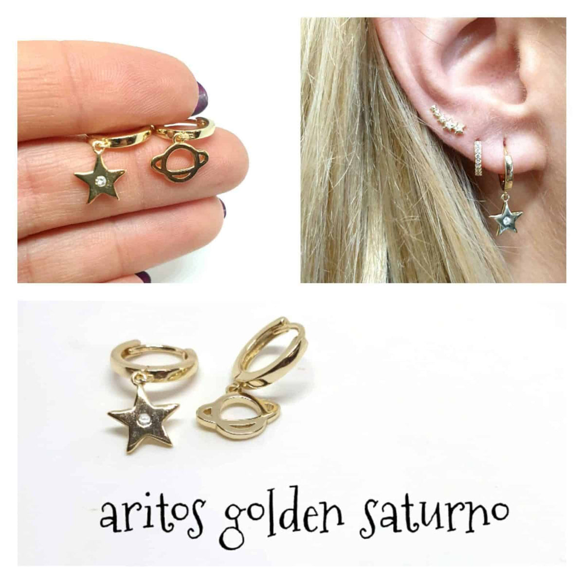 Pendientes aros golden saturno de plata de ley con baño de oro de 14 quilates - vista adicional