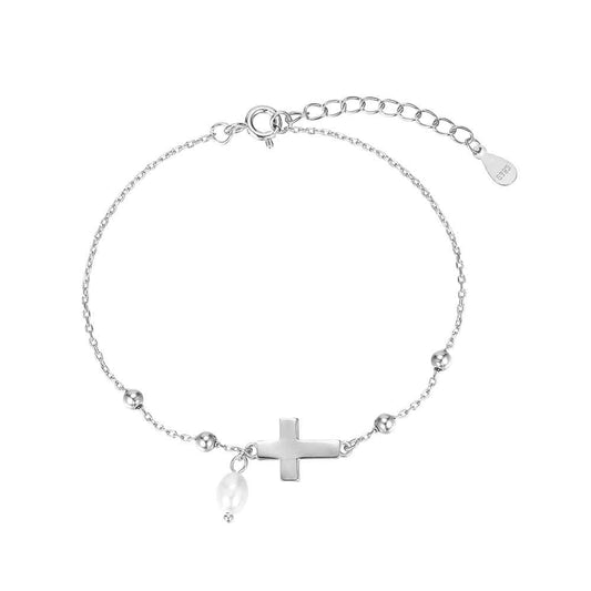 Pulsera de plata rodiada cruz con perla