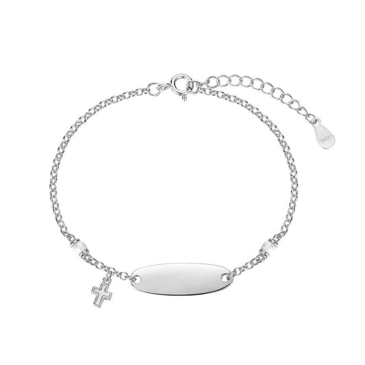 Pulsera de plata rodiada con perlas,chapa  y cruz de nácar