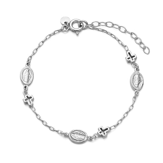 Pulsera de plata rodiada con Milagrosas y cruces