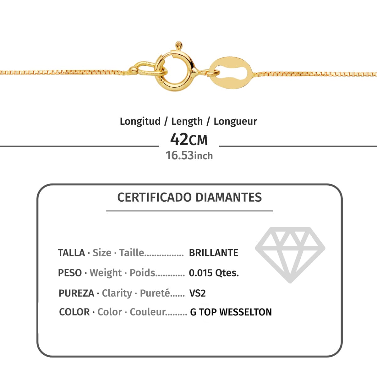 18K GARGANTILLA ORO AMARILLO CHATON ROMBO 4.5 MM DIAMANTE 0,015 QTS. G-VS2 CADENA 42CM